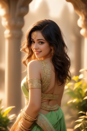 Exquisite Indian actress stands amidst vibrant floral arrangements in a lush garden setting. Dark hair flows down her back as she wears a daringly short dress, accentuating her radiant glow. Brown eyes sparkle with mischief, and a bright smile radiates confidence. She poses elegantly, dancing under the warm golden light of late afternoon. Gazing directly into the lens, her carefree joy is palpable. Photo-realistic lighting captures every detail of her striking features, creating an ultra-realistic portrait.