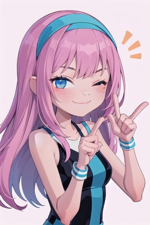 1girl, solo, long hair, looking at viewer, blush, smile, blue eyes, simple background, upper body, pink hair, hairband, one eye closed, sleeveless, pink background, index finger raised, personification, rainbow