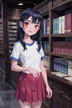 1girl, solo, long hair, looking at viewer, smile, skirt, shirt, black hair, brown eyes, standing, white shirt, short sleeves, cowboy shot, pleated skirt, indoors, lips, book, realistic, bookshelf, library