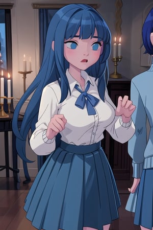 1girl, solo, long hair, breasts, looking at viewer, blush, bangs, blue eyes, skirt, large breasts, shirt, long sleeves, closed mouth, blue hair, white shirt, pleated skirt, looking back, indoors, from behind, sweater, blue skirt, halo, candle, painting \(object\), candlestand