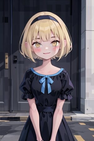 1girl, solo, looking at viewer, blush, smile, short hair, bangs, blonde hair, dress, yellow eyes, short sleeves, hairband, puffy sleeves, black dress, bob cut, freckles, v arms