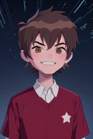 solo, smile, brown hair, shirt, 1boy, brown eyes, upper body, male focus, collared shirt, star \(symbol\), grin, sweater, blue background, starry background