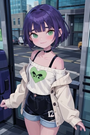 solo, looking at viewer, blush, smile, short hair, bangs, long sleeves, 1boy, bare shoulders, green eyes, collarbone, purple hair, male focus, heart, shorts, choker, blunt bangs, off shoulder, sweater, otoko no ko, androgynous, white shorts, high-waist shorts