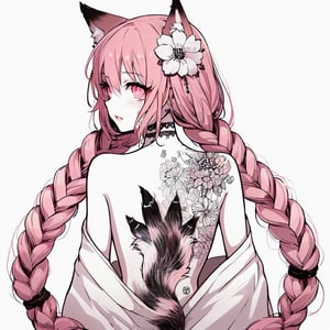 absurdres, (anime style:1.1), (lol:1.2), solo, cute face, 
(round pink eyes:1.3), (beautiful detailed eyes:1.3), long eyelashes, blushed, (fox ear:1.1), pink hair, (pink braided hair:1.2), beautiful lips, tattoo, 