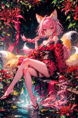 (masterpiece, best quality, chromatic aberration), 1girl, (many red spider lily:1.1), (lots of Lycoris:1.2), water surface, (fox ears:1.2), (from above:0.6), 
red see-through kimono, off shoulder, barafeet, 
(fox ear:1.2), pink hair, (pink braided hair:1.2), slender girl, 
BREAK
(night:1.1), (many red spider lily:1.1), (lots of Lycoris:1.2), 