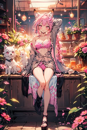 absurdres, (anime style:1.1), (solo), (loli:1.0), cute face, arm behind head, full body, 
(fox ears:1.1), (pink eyes), long eyelashes, blushed, pink hair, (pink braided hair1.1), beautiful lips, (medium soft breasts), slender girl, 
BREAK
(strapless bra:1.2), (barafeet:1.0), (sheer long cardigan:1.2), 
BREAK
flower garden, 