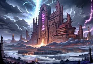 a concept environment art landscape of a gloomy and somber floating island above the clouds with a towering magical arcane monolith ark full of carved glowing runes and glyphs shedding flaring volumetric light shafts throughout the darkness of a threatening sinister tempestuous clouds engulfed by lightning rainstorm , a stunning Alphonse Mucha masterpiece in fantasy nouveau artstyle by Anders Zorn and Joseph Christian Leyendecker , neat and clear tangents full of negative space , ominous dramatic lighting with macabre somber shadows and highlights enhancing depth of perspective and 3D volumetric drawing , colorful vibrant painting in HDR with shiny shimmering reflections and intricate detailed ambient occlusion
outdoors, sky, cloud, no humans, cloudy sky, building, scenery, mountain, fantasy, castle, lightning, tower, cliff, floating island