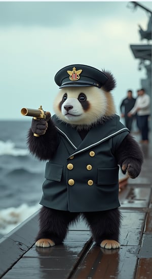 A dynamic scene of a chubby little panda wearing a World War II China navy sailor uniform, complete with a tiny hat. The panda is standing on the deck of a battleship, holding a small telescope as it scans the horizon. The ocean waves crash against the ship, and other sailors can be seen working in the background. The panda’s serious expression and the oversized uniform create a humorous and heartwarming contrast in this naval setting.