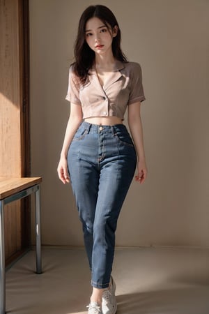 A woman dressed in a stylish and casual office outfit, ideal for a creative work environment. She is wearing a striped T-shirt paired with high-waisted jeans, white sneakers, and a camel-colored trench coat. The outfit is trendy, comfortable, and perfect for a relaxed yet professional look. 