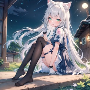 1girl, solo, long hair,small breasts, looking at viewer, bangs,silver hair,white thighhighs,short sleeves, dress, cat ears, green eyes, frustrated , full body, no shoes, outdoors, black gloves, cat ears, animal ear fluff, tattoo, night, single thighhigh, asymmetrical legwear,masterpiece, ccurate, textured skin, super detail, high details, best quality, high_res,sitting,skin fang,from side,looking down