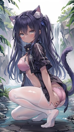 1girl, solo,monster_girl,dark_skin_female,medium_breasts,long_hair,short sleeves,open belero jacket,cat ear, cat tail,red bra,dark blue hair,golden eyes,underwear,pink pantyhose,no shoes,from side,looking at viewer,bend over,fluff,panties under pantyhose,sweating profusely,wet body,best quality ,highres ,finely detailed,dark skin,island,waterfall,hair one side up