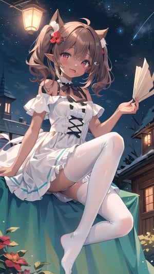 1girl, solo, medium hair, smail breasts, looking at viewer, blush, smile, open mouth, light brown hair,gradient hair, elf ears,red eyes,mole under eye,aqua eyes,twintail, white crepe dress,short sleeves,frills,mismatched pupils,red pantyhose,no shoes,hair flower,best quality, high-resolution,high_res,UHD ,petite,score_9_up,dark skin,night_sky,bare shoulder 