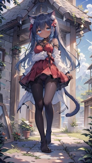 1girl, solo,monster_girl,dark_skin_female,medium_breasts,long_hair,cat ear, cat tail,bare breasts,dark blue hair,golden eyes,underwear,red pantyhose,no shoes,from below,looking at viewer,walking,fluff,panties under pantyhose,crying,tears,best quality ,highres ,finely detailed,dark skin,island,hair two side up,crying with eyes open