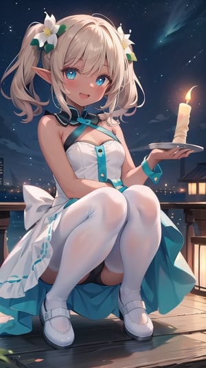 1girl, solo, medium hair, smail breasts, looking at viewer, blush, smile, open mouth,frill, light brown hair,gradient hair, elf ears,red eyes,mole under eye,aqua eyes,twintail, squat down,white crepe dress,mismatched pupils,black pantyhose,white footwear,hair flower,best quality, high-resolution,high_res,UHD ,petite,score_9_up,dark skin,night_sky