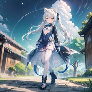 1girl, solo, long hair,small breasts, looking at viewer, bangs,silver hair,white single thighhigh,short gloves, long sleeves, dress, cat ears, closed mouth, green eyes, walking, full body, knee-high boot, outdoors, black gloves, cat ears, animal ear fluff, tattoo, night, single thighhigh, asymmetrical legwear,cropped top,masterpiece, ccurate, textured skin, super detail, high details, best quality, high_res,asymmetrical hair, hair one side up,:)