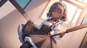 1girl, solo,medium_hair,small breasts,brown-hair,hair rings,maid_dress,black skirt,frills,hairband,collar,pointy ears,blue eyes,high quality, high details, best quality, highres, masterpiece, ccurate,dark skin,tan,dutch angle,covering crotch,Full nelson