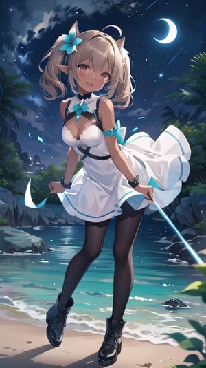 1girl, solo, medium hair, smail breasts, looking at viewer, blush, smile, open mouth, light brown hair,gradient hair, elf ears,red eyes,mole under eye,aqua eyes,twintail, bend over,white crepe dress,mismatched pupils,black pantyhose,black footwear,hair flower,best quality, high-resolution,high_res,UHD ,petite,score_9_up,dark skin,night_sky
