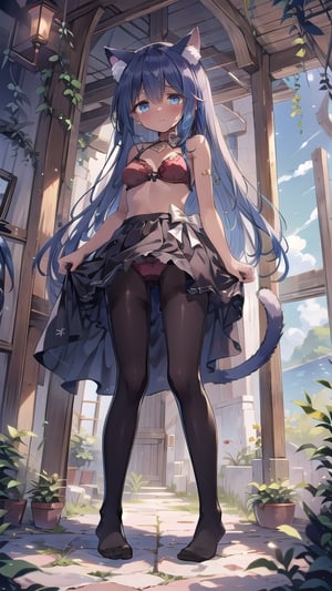 1girl, solo,monster_girl,dark_skin_female,medium_breasts,long_hair,cat ear, cat tail,red bra,dark blue hair,golden eyes,underwear,red pantyhose,no shoes,from below,looking at viewer,standing,fluff,panties under pantyhose,crying,tears,best quality ,highres ,finely detailed,dark skin,island,hair one side up,crying with eyes open