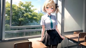 1girl, solo, blush, short hair, skirt, blonde hair, ribbon, school uniform, green eyes, white shirt,black skirt,hair ribbon, ahoge, pantyhose, necktie, aqua eyes, standing,window,classroom,outdoor
, masterpiece, textured skin, super detail, high details, best quality, highres, 4K, 1080P,annoyed