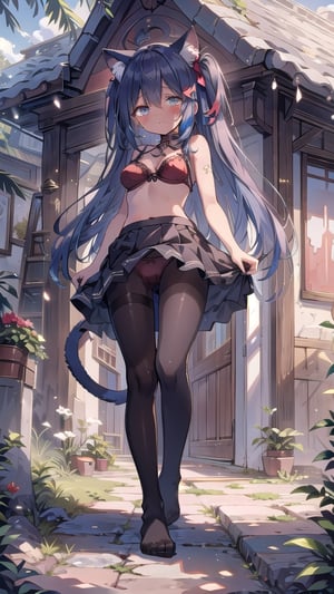 1girl, solo,monster_girl,dark_skin_female,medium_breasts,long_hair,cat ear, cat tail,red bra,dark blue hair,golden eyes,underwear,red pantyhose,no shoes,from below,looking at viewer,walking,fluff,panties under pantyhose,crying,tears,best quality ,highres ,finely detailed,dark skin,island,hair two side up,crying with eyes open