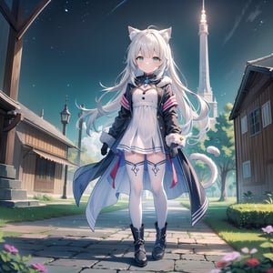 1girl, solo, long hair,small breasts, looking at viewer, bangs,silver hair,white thighhighs, gloves, long sleeves, dress, cat ears, closed mouth, green eyes, standing, open jacket, full body, knee-high boot, outdoors, black gloves, cat ears, animal ear fluff, tattoo, night, single thighhigh, asymmetrical legwear,masterpiece, ccurate, textured skin, super detail, high details, best quality, high_res