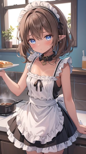 1girl, solo,medium_hair,small breasts,brown-hair,hair rings,maid_dress,black skirt,frills,hairband,collar,emotionless,unconscious,empty eyes,dilated pupils,pointy ears,blue eyes,high quality, high details, best quality, highres, masterpiece, ccurate,cooking,dark skin,tan,