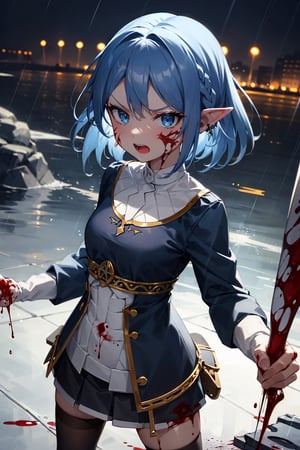 monster_girl,loli,sharp teeth,blood_on_face,angry,light_blue_eyes,blue_hair,Light black skin,white_kneehighs,Tattered clothes,4K,blood on knife,glaring,magic,river,raining,in the morning
