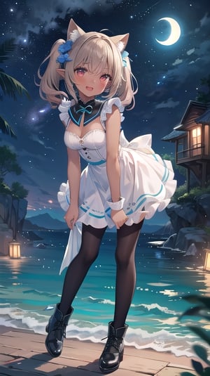 1girl, solo, medium hair, smail breasts, looking at viewer, blush, smile, open mouth,frill, light brown hair,gradient hair, elf ears,red eyes,mole under eye,aqua eyes,twintail, bend over,white crepe dress,mismatched pupils,black pantyhose,black footwear,hair flower,best quality, high-resolution,high_res,UHD ,petite,score_9_up,dark skin,night_sky