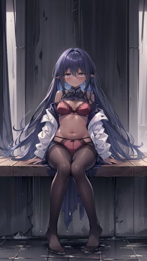 1girl, solo,monster_girl,dark_skin_female,medium_breasts,long_hair,short sleeves,open belero jacket,red bra,dark blue hair,golden eyes,underwear,red pantyhose,bare shoulder,no shoes,looking at viewer,sitting,fluff,panties under pantyhose,sweating profusely,wet body,best quality ,highres ,finely detailed,dark skin