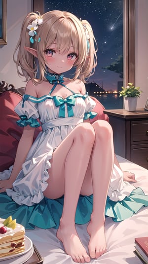 1girl, solo, medium hair, smail breasts, looking at viewer, blush, seducive smile, light brown hair,gradient hair, elf ears,red eyes,mole under eye,aqua eyes,twintail, white crepe dress,short sleeves,frills,mismatched pupils,bare feet,no shoes,hair flower,best quality, high-resolution,high_res,UHD ,petite,score_9_up,dark skin,indoors,night_sky,bare shoulder 