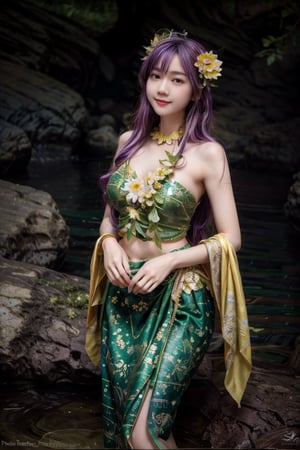 PrettyLadyxmcc,smile,forest fairy costume,1girl,
A young woman with long blonde hair, wearing a whimsical green and white flower costume, stands on a sandy beach with a large rock behind her. The sea is in the background, with waves crashing on the shore. The woman is looking at the camera with a gentle smile.

[Fairy, costume, beach, sea, rock, gentle smile], [Fantasy, photography, by Annie Leibovitz], [natural lighting, soft focus, vibrant colors, natural textures, shallow depth of field]

A whimsical and ethereal fairy costume, crafted with delicate green leaves, vibrant yellow and white flowers, and shimmering butterflies. The costume is adorned with a crown of flowers and a flowing skirt of layered green fabric. The model's purple hair adds a touch of magic to the ensemble.

[Fairy costume, whimsical, ethereal, green leaves, yellow and white flowers, butterflies, crown of flowers, flowing skirt], [Fantasy, illustration, Arthur Rackham], [soft lighting, white background, vibrant colors, delicate textures, flowing fabric]