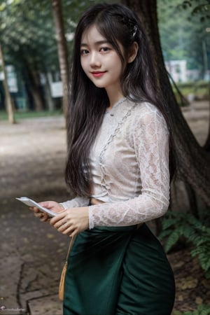 1girl, solo, long hair, looking at viewer, smile, skirt, shirt, black hair, white shirt, signature, blurry, tree, own hands together, green skirt, long skirt