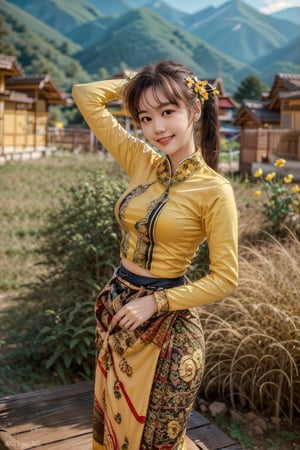(masterpiece, high quality:1.5), (8K, HDR), realistic,photorealstic, best quality, 1girl, solo, PrettyLadyxmcc,OrgLadymm,(an orange and yellow background),long_ponytail,(shirt color:clean colorfull),(pose:random poses),long_skirt,smile,holding skirt(lifting),random poses,upper_body,Prettytestmc,mm_thingyan,yellow_flower,outdoor,flowerbed,mountains,poakl