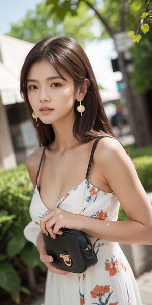 1girl, solo, dress, breasts, long_hair, realistic, looking_at_viewer, jewelry, earrings, outdoors, cleavage, black_hair, brown_hair, medium_breasts, brown_eyes, handbag, blurry_background, lips, floral_print, blurry, bag, holding, white_dress, bare_shoulders
