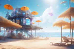 (masterpiece,best quality:1.6), Bare shoulder, summer day, A bright sun over a peaceful beach with cabanas and umbrellas, La La Land, Nebula, Fragmentation, cybernetic robot undefined . android, AI, machine, metal, wires, tech, futuristic, highly detailed