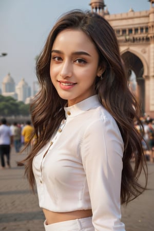 young woman face features like (shraddha kapoor),oval face ,(smaller forehead),cute, ((white skin)), having walk in mumbai in front of gateway of india wearing pants , rich detailed complex background, detail facial features, focus on skin texture, detailed hairs, natural look, hands in air, pose, hands,wearing sexy dress, candid moments, ((POV subject facing back to camera)), side shot, focus on background, Beautiful Instagram Model,dashataran,happy facial expression, teeth visible smiling, professional photos, studio lighting, raw edits, fully_dressed,Extremely Realistic