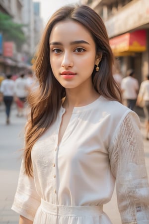 young woman face features like (shraddha kapoor),oval face ,(smaller forehead),cute, ((white skin)), having walk in city wearing pants , detailed complex background, detail facial features, focus on skin texture, detailed hairs, natural look, wearing sexy dress, candid moments, (POV wide angle looking away from camera), Beautiful Instagram Model,dashataran,facial expression