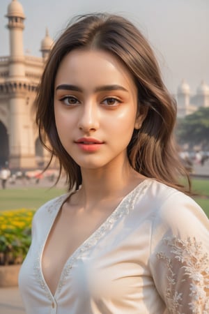 young woman face features like (shraddha kapoor),oval face ,(smaller forehead),cute, ((white skin)), having walk in mumbai in front of gateway of india wearing pants , rich detailed complex background, detail facial features, focus on skin texture, detailed hairs, natural look, cute posture, pose, hands,wearing sexy dress, candid moments, ((POV subject facing away from camera)), side shot, focus on background, Beautiful Instagram Model,dashataran,happy facial expression, professional photos, studio lighting, raw edits, full length photos, full body photos, sexy figure