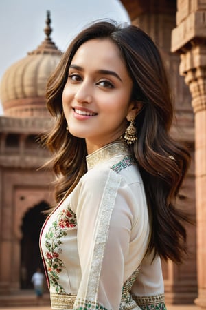 young woman face features like (shraddha kapoor),oval face ,(smaller forehead),cute, ((white skin)), having walk in delhi in front of qutub minar wearing rich detailed kurti , rich detailed complex background, detail facial features, focus on skin texture, detailed hairs, natural look, hands in air, pose, hands_raised, candid moments, ((POV shot with wide angle camera, subject facing away from camera)), side shot, focus on background, Beautiful Instagram Model,dashataran,happy facial expression, teeth visible smiling, professional photos, studio lighting, raw edits, fully_dressed,Extremely Realistic,Expressiveh, full-length_portrait