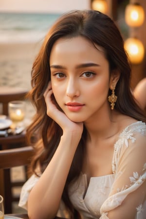 young woman face features like (shraddha kapoor),oval face ,(smaller forehead),cute, ((white skin)), having dinner in a fine dine restaurant , detail background, detail facial features, focus on skin texture, detailed hairs, natural look, wearing sexy dress, candid moments, (seating on a beach ),Beautiful Instagram Model,dashataran,facial expression