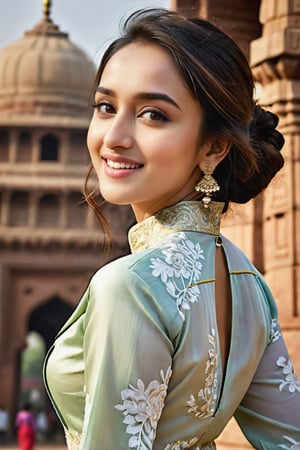 young woman face features like (shraddha kapoor),oval face ,(smaller forehead),cute, ((white skin)), (having walk in delhi in front of qutub minar wearing rich detailed kurti), rich detailed complex background, detail facial features, focus on skin texture, detailed hairs, natural look, hands in air, pose, hands_raised, candid moments, ((POV shot with wide angle camera, subject facing away from camera)), side shot, focus on background, Beautiful Instagram Model,dashataran,happy facial expression, teeth visible smiling, professional photos, studio lighting, raw edits, fully_dressed,Extremely Realistic,Expressiveh, full-length_portrait, full-body_portrait