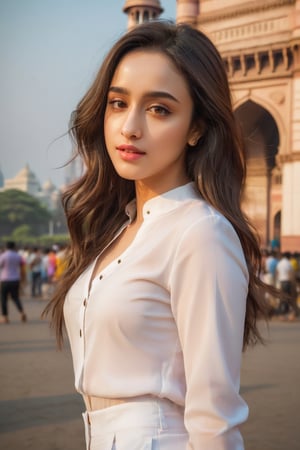 young woman face features like (shraddha kapoor),oval face ,(smaller forehead),cute, ((white skin)), having walk in mumbai in front of gateway of india wearing pants , rich detailed complex background, detail facial features, focus on skin texture, detailed hairs, natural look, cute posture, pose, hands,wearing sexy dress, candid moments, ((POV subject facing away from camera)), side shot, focus on background, Beautiful Instagram Model,dashataran,happy facial expression, professional photos, studio lighting, raw edits, full length photos, full body photos, sexy figure