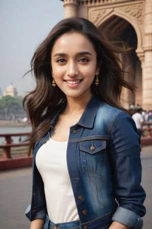 young woman face features like (shraddha kapoor),oval face ,(smaller forehead),cute, ((white skin)), having walk in mumbai in front of gateway of india wearing denims , rich detailed complex background, detail facial features, focus on skin texture, detailed hairs, natural look, hands in air, pose, hands_raised, candid moments, ((POV subject facing away from camera)), side shot, focus on background, Beautiful Instagram Model,dashataran,happy facial expression, teeth visible smiling, professional photos, studio lighting, raw edits, fully_dressed,Extremely Realistic,Expressiveh, full-length_portrait