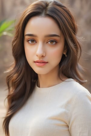 young woman face features like (shraddha kapoor),oval face ,(smaller forehead),cute, ((white skin)), standing locking into the camera, portrait causal phets ResPurtrat,Beautiful Instagram Model