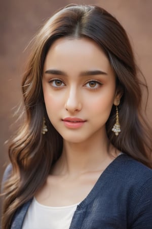 young woman face features like (shraddha kapoor),oval face ,(smaller forehead),cute, ((white skin)), standing locking into the camera, portrait causal phets ResPurtrat,Beautiful Instagram Model