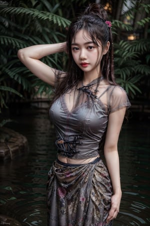 masterpiece, high quality:1.5), (8K, HDR), masterpiece, best quality, 1girl, solo, PrettyLadyxmcc,OrgLadymm,long_ponytail,
1girl, solo, long hair, skirt, shirt, black hair, jewelry, outdoors, blurry, realistic,((sexy pose)),wet_clothing,garden,arms_raised,MARC BOUWER- Eve Gown(Plunging Neckline, Cape Sleeves, Fitted Bodice, Banded Waist, Long A-Line Skirt, Sweep Train, Evening Dress, Imported, Dry Clean, Color: dove gray),