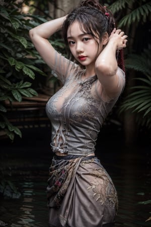 masterpiece, high quality:1.5), (8K, HDR), masterpiece, best quality, 1girl, solo, PrettyLadyxmcc,OrgLadymm,long_ponytail,
1girl, solo, long hair, skirt, shirt, black hair, jewelry, outdoors, blurry, realistic,((sexy pose)),wet_clothing,garden,arms_raised,MARC BOUWER- Eve Gown(Plunging Neckline, Cape Sleeves, Fitted Bodice, Banded Waist, Long A-Line Skirt, Sweep Train, Evening Dress, Imported, Dry Clean, Color: dove gray),((upper_body)),view_from_side