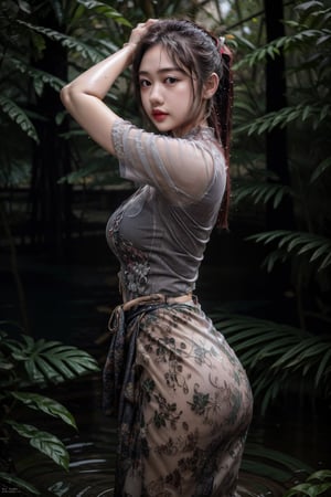 masterpiece, high quality:1.5), (8K, HDR), masterpiece, best quality, 1girl, solo, PrettyLadyxmcc,OrgLadymm,long_ponytail,
1girl, solo, long hair, skirt, shirt, black hair, jewelry, outdoors, blurry, realistic,((sexy pose)),wet_clothing,garden,arms_raised,MARC BOUWER- Eve Gown(Plunging Neckline, Cape Sleeves, Fitted Bodice, Banded Waist, Long A-Line Skirt, Sweep Train, Evening Dress, Imported, Dry Clean, Color: dove gray),((upper_body)),view_from_behind,forest,garden