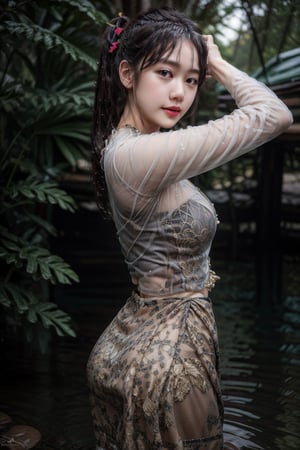 masterpiece, high quality:1.5), (8K, HDR), masterpiece, best quality, 1girl, solo, PrettyLadyxmcc,OrgLadymm,long_ponytail,
1girl, solo, long hair, skirt, shirt, black hair, jewelry, outdoors, blurry, realistic,((sexy pose)),wet_clothing,garden,arms_raised,MARC BOUWER- Eve Gown(Plunging Neckline, Cape Sleeves, Fitted Bodice, Banded Waist, Long A-Line Skirt, Sweep Train, Evening Dress, Imported, Dry Clean, Color: dove gray),((upper_body)),view_from_behind