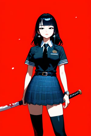 1girl, solo, long hair, looking at viewer, bangs, skirt, shirt, black hair, thighhighs, holding, jewelry, closed mouth, standing, short sleeves, cowboy shot, pleated skirt, earrings, necktie, collared shirt, belt, black thighhighs, blunt bangs, black skirt, black eyes, lips, plaid, black shirt, plaid skirt, black necktie, red background, watch, black belt, wristwatch, baseball bat masterpiece, best quality, amazing quality, very aesthetic, absurdres, depth of field, score_9, score_8, score_7, score_6,Ukiyo-e,ink,colorful,samurai,shogun,katana,tanto,amaterasu,scene, MUCHA, ANIME, ukiyo-e,UKIYO-E